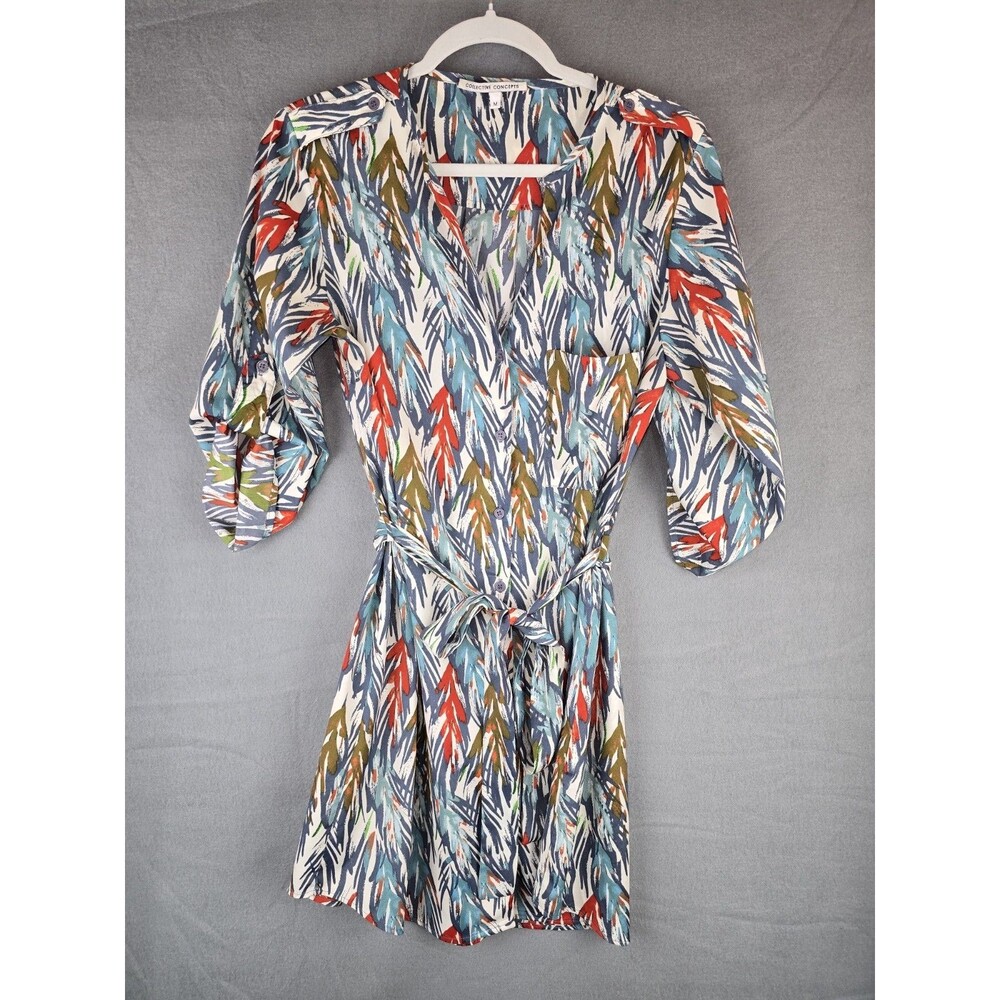 Collective Concepts Womens Abstract Print Button Front Tie Waist Dress Blue‎ M
